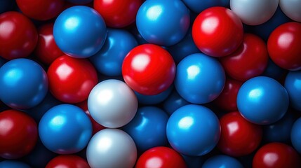 Colorful arrangement of glossy red, blue, and white spheres on a surface