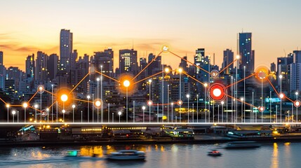 Fototapeta premium Night cityscape with data overlay, showing city growth. Suitable for presentations, business reports, or stock photos