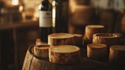 Rustic Wooden Display of Artisan Cheese and Wine Bottles in a Warm Setting