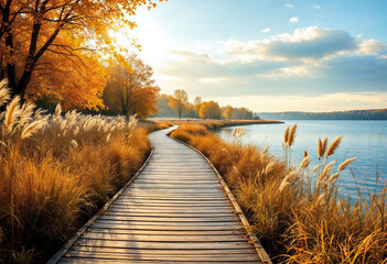 A Stunning Wooden Boardwalk Leading Through Golden Autumn Grass,
Overlooking a Tranquil Lake with a Serene Sunset in the Distance.