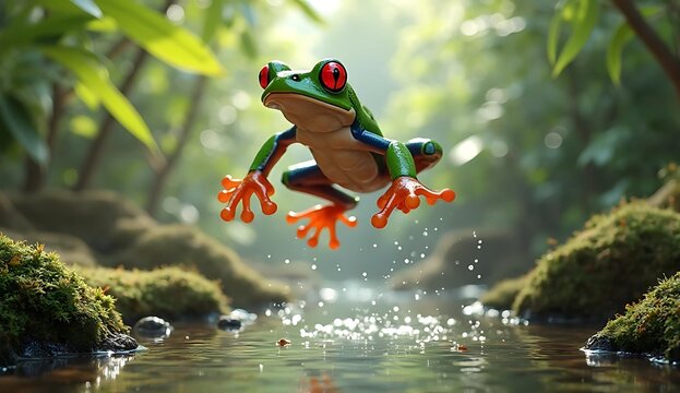 Red eyed tree frog mid air jump over a jungle stream of water