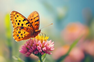 Obraz premium Small butterfly on flower, orange and black with intricate patterns, resting on pink petals. Concept of butterfly on flower showcases delicacy of insects in dreamy setting.