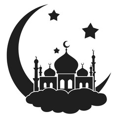 Mosque silhouette with crescent moon and stars