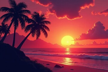 Obraz premium Silhouetted palm trees against fiery skies over the indian ocean, horizon, beauty, vibrant