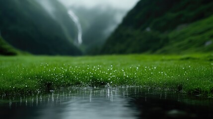 Lush meadow with a tranquil stream, misty mountains and waterfall in the background