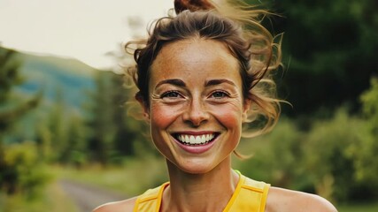 Smiling woman on a forest trail, wearing an athletic top, enjoying nature and outdoor exercise