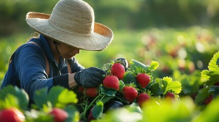 Strawberry Harvest: A Farmer's Dedicated Work in a Lush Field