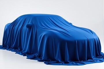 Covered car draped in silky blue fabric on a light background.