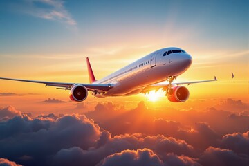 Obraz premium Commercial airplane flying above clouds at sunset with golden sky.