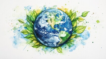 Vibrant Watercolor Earth Encircled by Lush Green Leaves: A Symbol of Environmental Preservation and Sustainability
