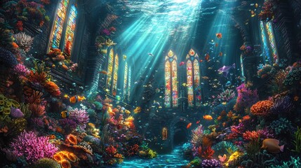 A fantastical underwater cathedral filled with sea life and coral reefs