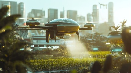 Futuristic Drone Spraying Crops in Smart City
