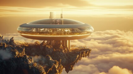 Futuristic Cityscape: A Golden Dawn Above the Clouds