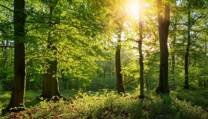 Fototapeta premium scenic forest of fresh green deciduous trees framed by leaves with the sun casting its warm rays through the foliage