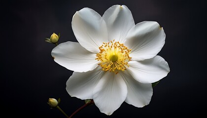 white flower with yellow pollen against dark background