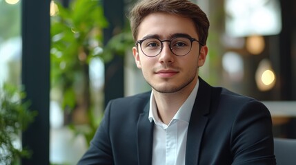 Fototapeta premium Young professional in a sleek black suit poses confidently in a modern office setting with greenery in the background