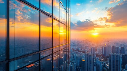 Modern glass skyscraper at sunset displaying vibrant city skyline. Colorful sky reflections on building facade, presenting urban architectural beauty and dynamic evening cityscape