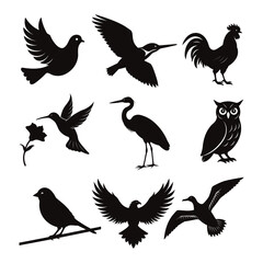 Naklejka premium Black silhouette vector set of birds, including owl, hummingbird, eagle, heron, dove, and more, isolated on white background.