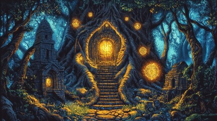 A mystical forest scene with a glowing tree portal and structures