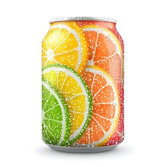 Colorful Citrus Soda Can with Lime, Orange, and Lemon A vibrant citrus drink can with mixed fruit slices, including lime, orange, and lemon.