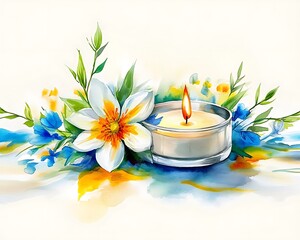 Watercolor painting of a lit candle surrounded by flowers and leaves