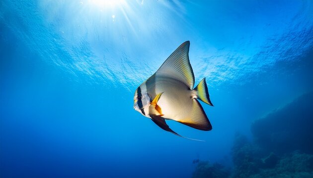a batfish swims to the left in blue water