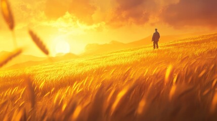 Golden Hour Solitude: A Man Contemplates in a Wheat Field at Sunset