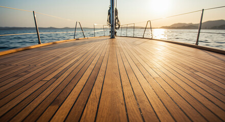 A wooden pier stretches into the sunset sky over the calm sea, a summer travel view