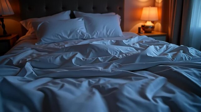 Cozy bed with rumpled sheets in warm evening light  
