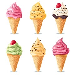 Assorted ice cream cones on a white background