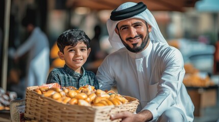 Happy Family at Bakery: Father and Son Enjoying Freshly Baked Bread in a Traditional Market