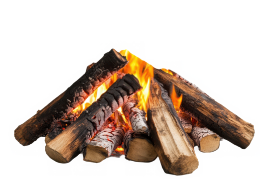 Close up view of a burning campfire with logs stacked against a black background in a studio shot