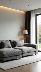Spacious living room featuring a large grey couch and minimalist decor, contemporary, stylish, comfortable