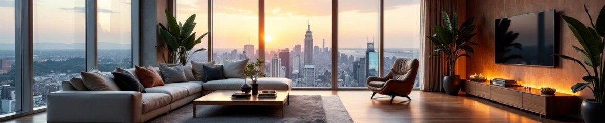 Obraz premium Elegant Living Room with Panoramic City View Showcasing Modern Design and Cozy Atmosphere for Relaxation