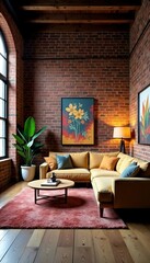 Spacious loft living room with exposed brick walls and metal beams, beams, brick, modern