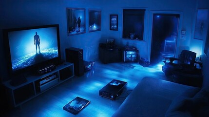 Living room with tv, projector on watching movie night, background with furniture, home entertainment
