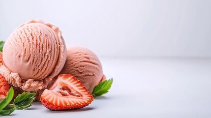 Strawberry Ice Cream Scoops on White.