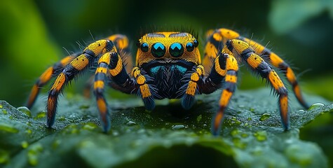 Fototapeta premium Vibrant Orange and Black Spider with Striking Blue Eyes on Dewy Leaf