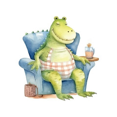 watercolors Cute crocodile sitting on chair illustration