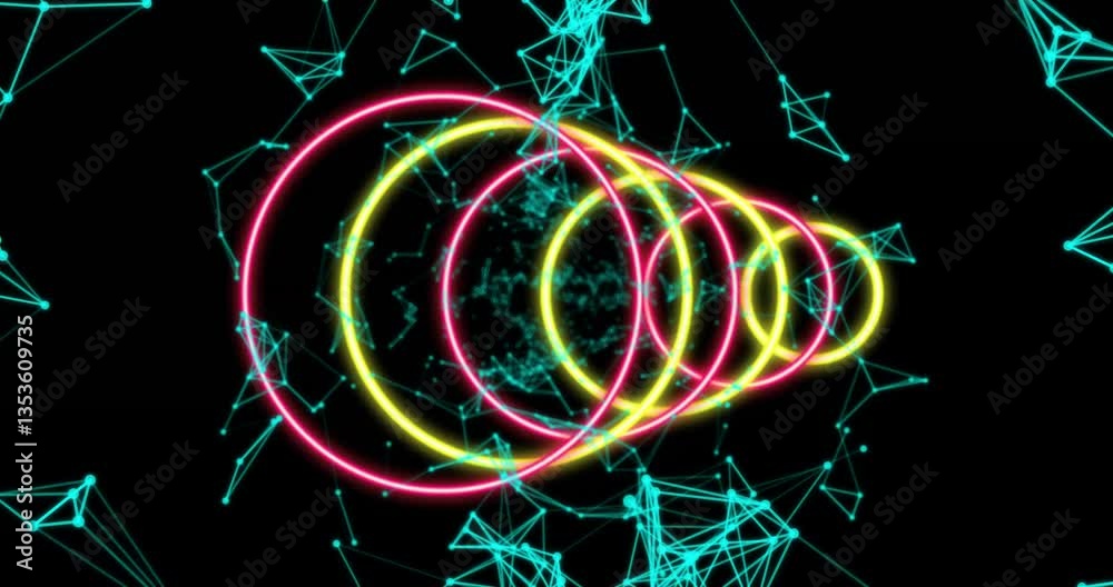 Poster neon circles and geometric patterns forming dynamic digital network animation
