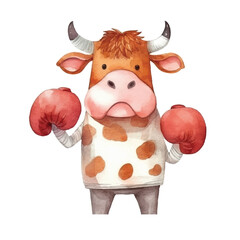 watercolors Cute cow boxing illustration