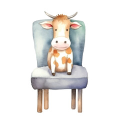 watercolors Cute cow sitting on chair illustration