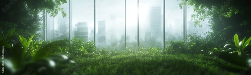 Aufkleber Lush greenery in a modern urban setting with skyscrapers in the background and bright light filtering through.