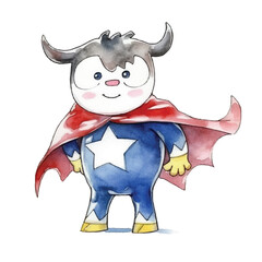 watercolors Cute cow super hero illustration