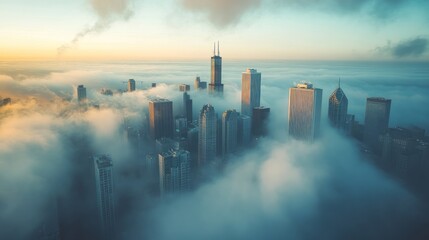 Fototapeta premium Chicago Skyline Enveloped in Morning Mist: A Serene Aerial View
