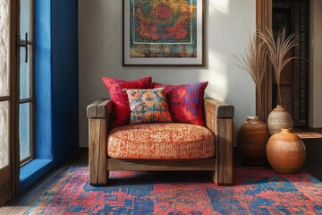 Cozy rustic chair with colorful pillows in a sunlit room