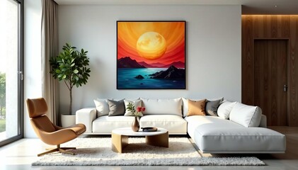 Stylish minimalist living room with sleek furniture and abstract artwork, modern, clean, luxury
