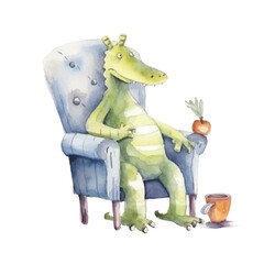 watercolors Cute crocodile sitting on chair illustration