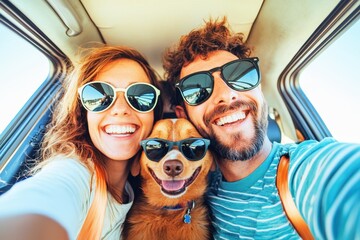 Fun road trip adventure with friends and dog car interior photo sunny day joyful moment