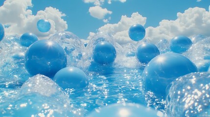 Blue spheres floating among water and clouds in a bright sky